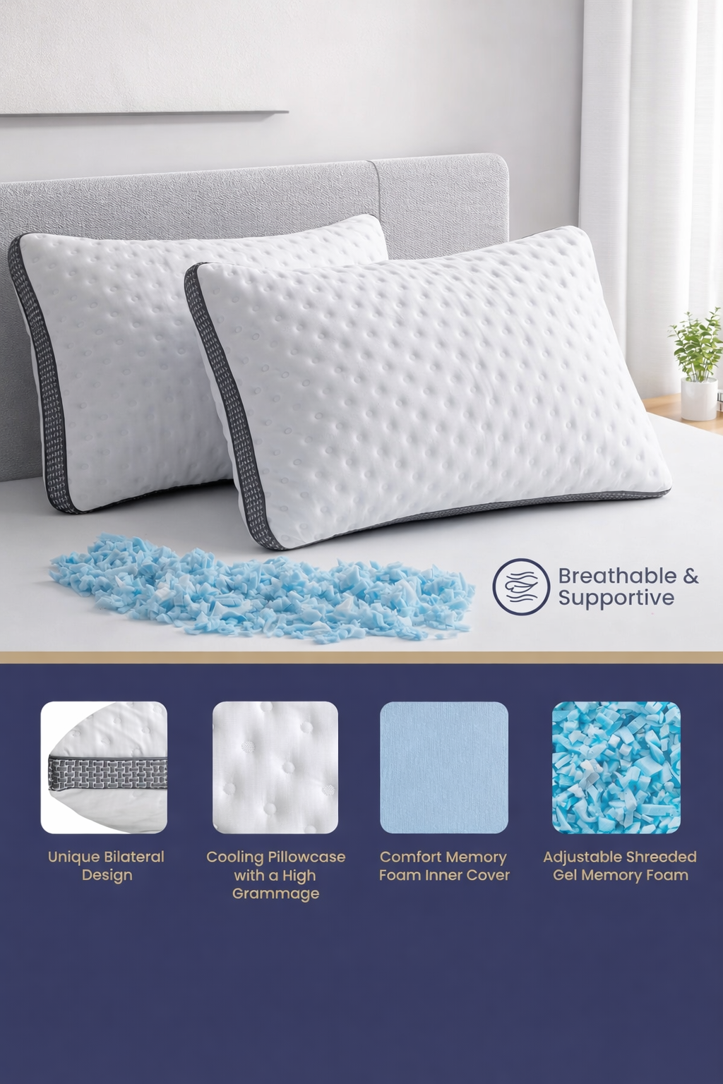 BedStory Cooling Pillow 1 Pack Q/K, Cooling Gel Memory Foam Bed Pillow, Medium Firm Pillow for Sleeping, CertiPUR-US Certified